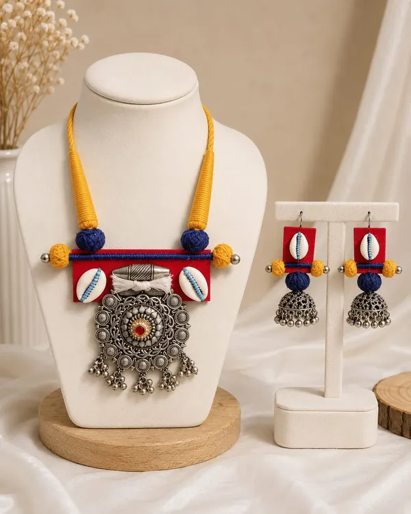 Handmade_Thread_Work_Statement_Necklace_Set_for_Women_|_Oxidised_Pendant_with_Cowrie_Shell_&_Matching_Jhumka_Earrings_|_Boho_Ethnic_Tribal_Jewellery_|_Lightweight_Fashion_Necklace