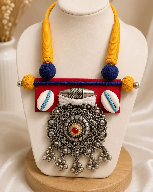 Handmade_Thread_Work_Statement_Necklace_Set_for_Women_|_Oxidised_Pendant_with_Cowrie_Shell_&_Matching_Jhumka_Earrings_|_Boho_Ethnic_Tribal_Jewellery_|_Lightweight_Fashion_Necklace