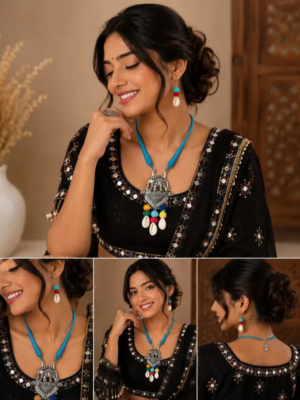 Handmade_Tribal_Elephant_Pendant_Necklace_Set_for_Women_|_Blue_Thread_Cord,_German_Silver_Pendant,_Cowrie_Shell_&_Matching_Earrings_|_Boho_Ethnic_Jewellery