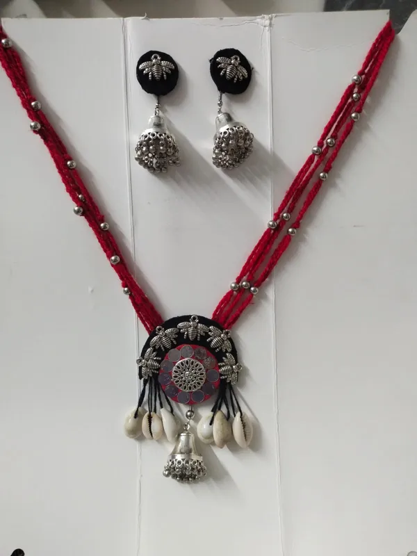 Handmade_Tribal_Mirror_Necklace_Set_for_Women_|_Red_Cotton_Thread,_German_Silver_Pendant,_Cowrie_Shell_&_Matching_Jhumka_Earrings_|_Boho_Ethnic_Jewellery