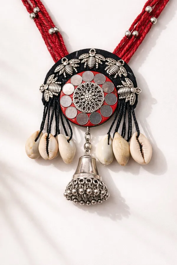 Handmade_Tribal_Mirror_Necklace_Set_for_Women_|_Red_Cotton_Thread,_German_Silver_Pendant,_Cowrie_Shell_&_Matching_Jhumka_Earrings_|_Boho_Ethnic_Jewellery