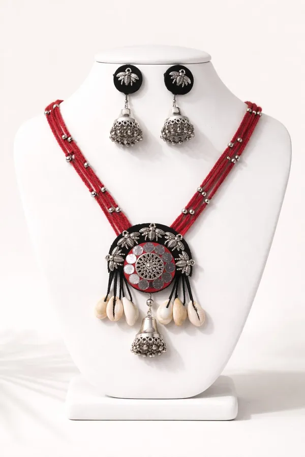 Handmade_Tribal_Mirror_Necklace_Set_for_Women_|_Red_Cotton_Thread,_German_Silver_Pendant,_Cowrie_Shell_&_Matching_Jhumka_Earrings_|_Boho_Ethnic_Jewellery