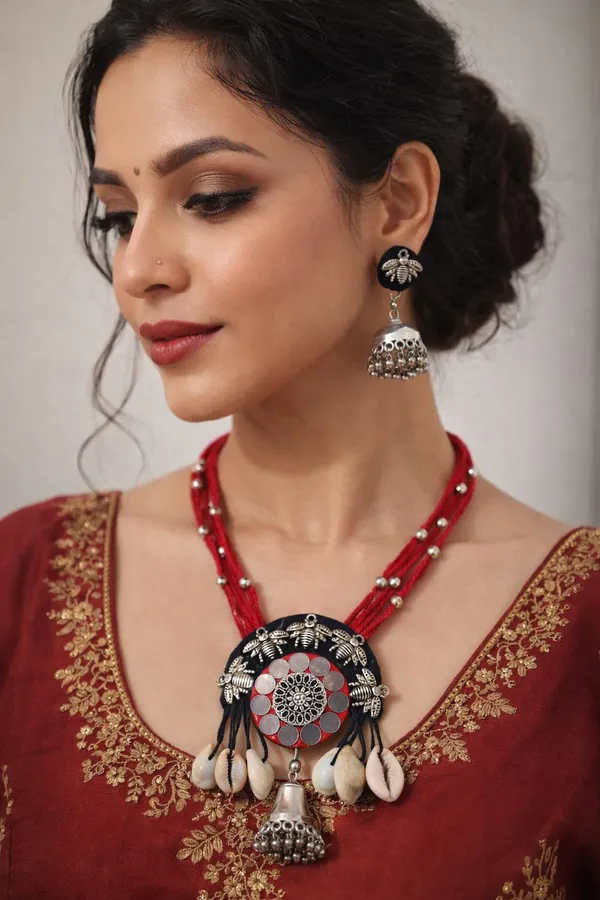 Handmade_Tribal_Mirror_Necklace_Set_for_Women_|_Red_Cotton_Thread,_German_Silver_Pendant,_Cowrie_Shell_&_Matching_Jhumka_Earrings_|_Boho_Ethnic_Jewellery