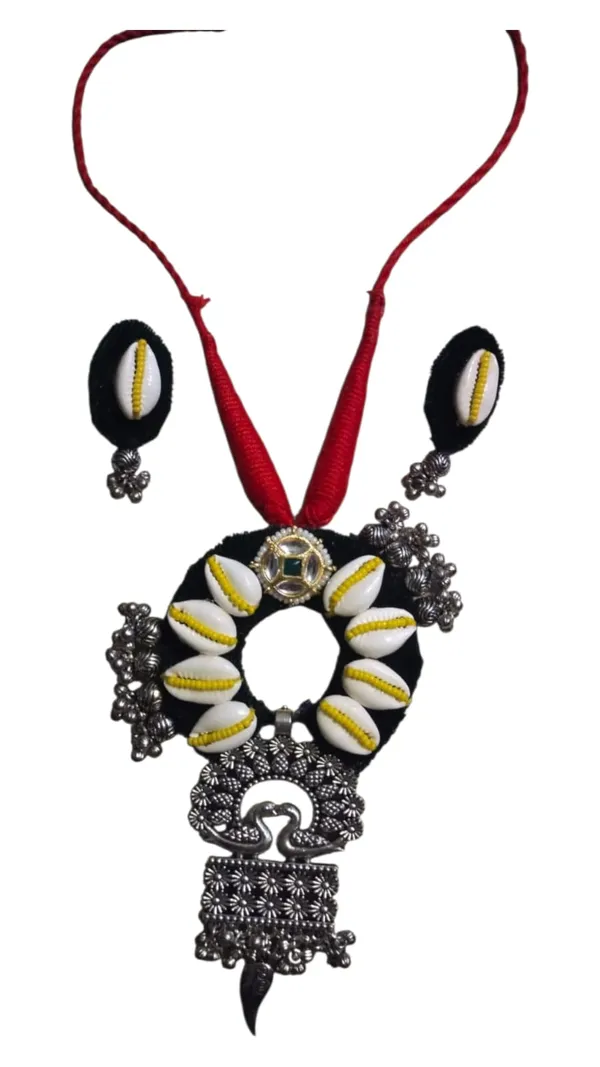 Handmade_Tribal_Peacock_Pendant_Necklace_Set_for_Women_|_Red_Cotton_Thread,_Cowrie_Shell,_German_Silver_Pendant_&_Matching_Jhumka_Earrings_|_Boho_Ethnic_Jewellery