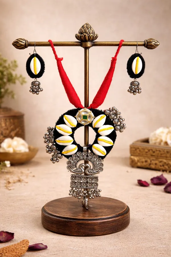 Handmade_Tribal_Peacock_Pendant_Necklace_Set_for_Women_|_Red_Cotton_Thread,_Cowrie_Shell,_German_Silver_Pendant_&_Matching_Jhumka_Earrings_|_Boho_Ethnic_Jewellery