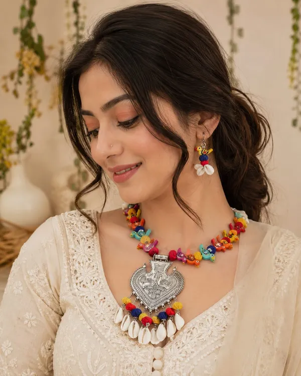 Handmade_Tribal_Statement_Necklace_Set_with_Earrings_|_Colorful_Bird_Beads,_Cowrie_Shell_&_German_Silver_Pendant_|_Boho_Ethnic_Jewellery_for_Women