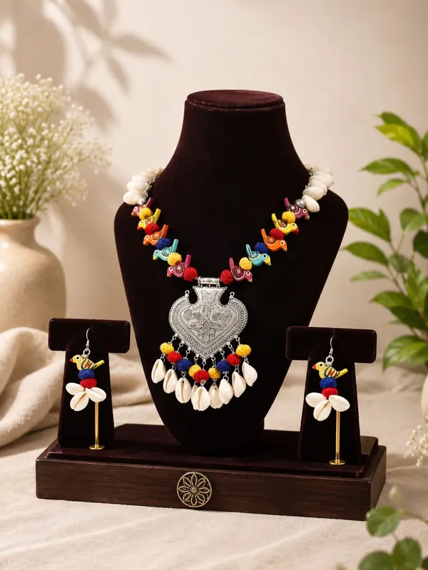 Handmade_Tribal_Statement_Necklace_Set_with_Earrings_|_Colorful_Bird_Beads,_Cowrie_Shell_&_German_Silver_Pendant_|_Boho_Ethnic_Jewellery_for_Women