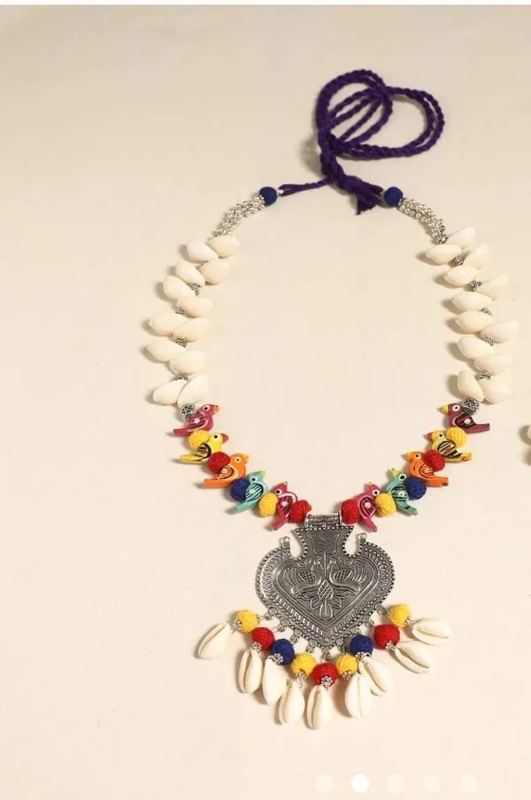 Handmade_Tribal_Statement_Necklace_Set_with_Earrings_|_Colorful_Bird_Beads,_Cowrie_Shell_&_German_Silver_Pendant_|_Boho_Ethnic_Jewellery_for_Women