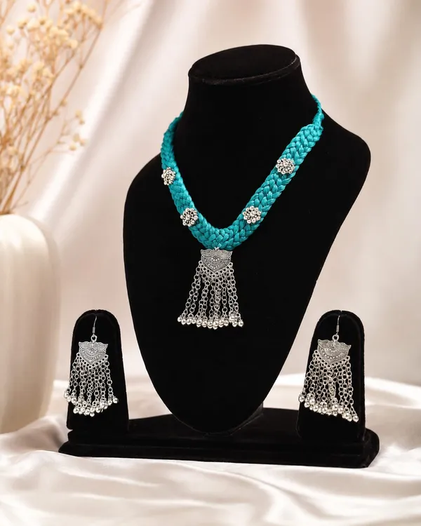 Handmade_Turquoise_Braided_Necklace_Set_for_Women_|_Traditional_Thread_Jewellery_Set_with_Oxidised_Pendant_&_Earrings