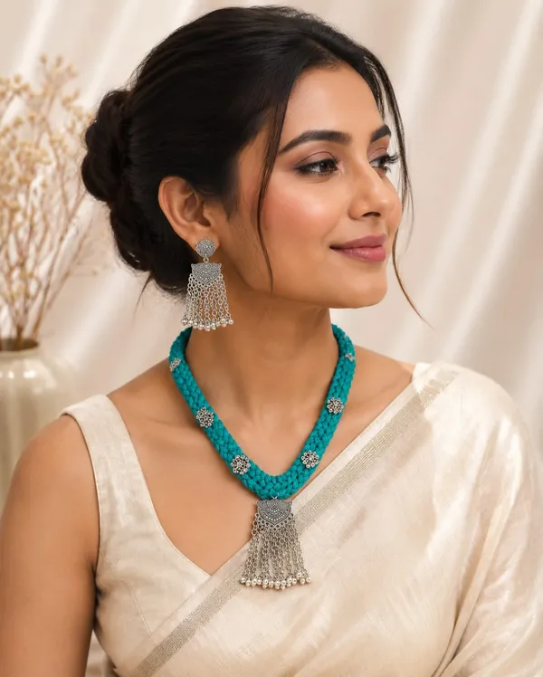 Handmade_Turquoise_Braided_Necklace_Set_for_Women_|_Traditional_Thread_Jewellery_Set_with_Oxidised_Pendant_&_Earrings