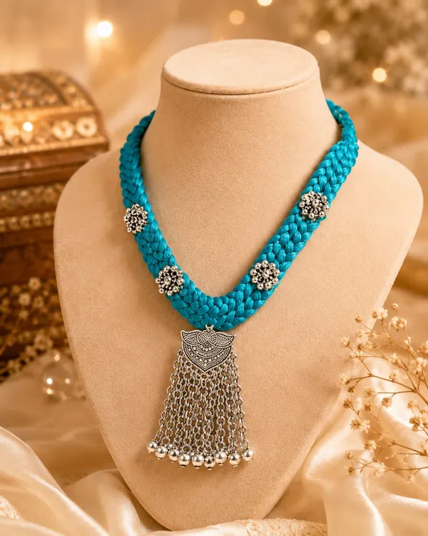 Handmade_Turquoise_Braided_Necklace_Set_for_Women_|_Traditional_Thread_Jewellery_Set_with_Oxidised_Pendant_&_Earrings