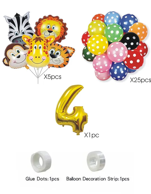 Multicolor_Jungle_Animal_Foil_Balloon_With_Polka_Print_Balloon_And_16_Inch_Number_4_Foil_Balloon_|_For_Birthday_Party_Decorations_(Pack_Of_35_Pcs)