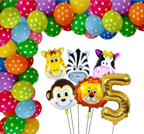 Multicolor_Jungle_Animal_Foil_Balloon_With_Polka_Print_Balloon_And_16_Inch_Number_5_Foil_Balloon_|_For_Birthday_Party_Decorations_(Pack_Of_35_Pcs)