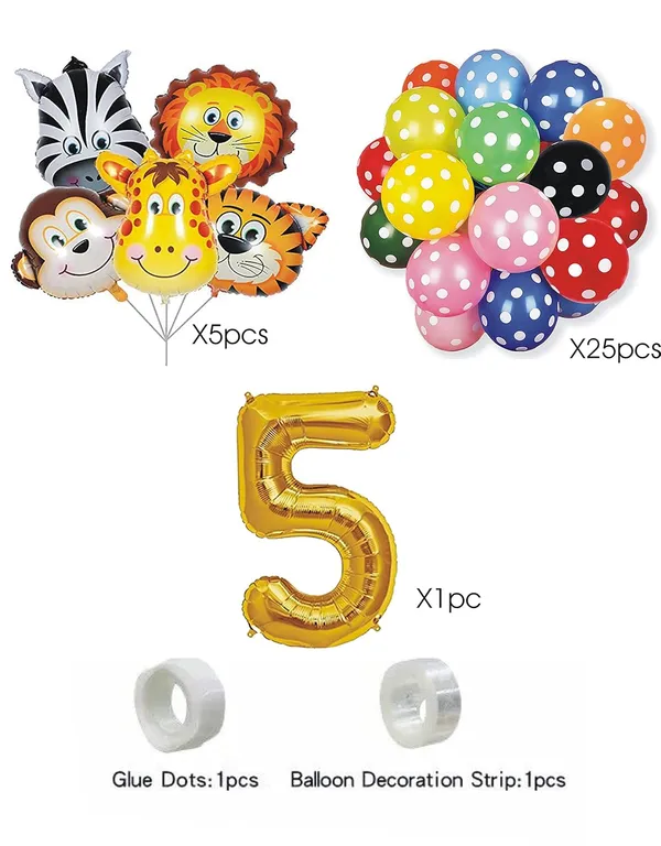Multicolor_Jungle_Animal_Foil_Balloon_With_Polka_Print_Balloon_And_16_Inch_Number_5_Foil_Balloon_|_For_Birthday_Party_Decorations_(Pack_Of_35_Pcs)