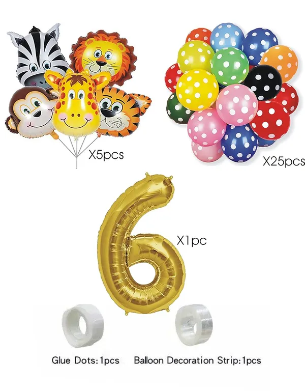 Multicolor_Jungle_Animal_Foil_Balloon_With_Polka_Print_Balloon_And_16_Inch_Number_6_Foil_Balloon_|_For_Birthday_Party_Decorations_(Pack_Of_35_Pcs)