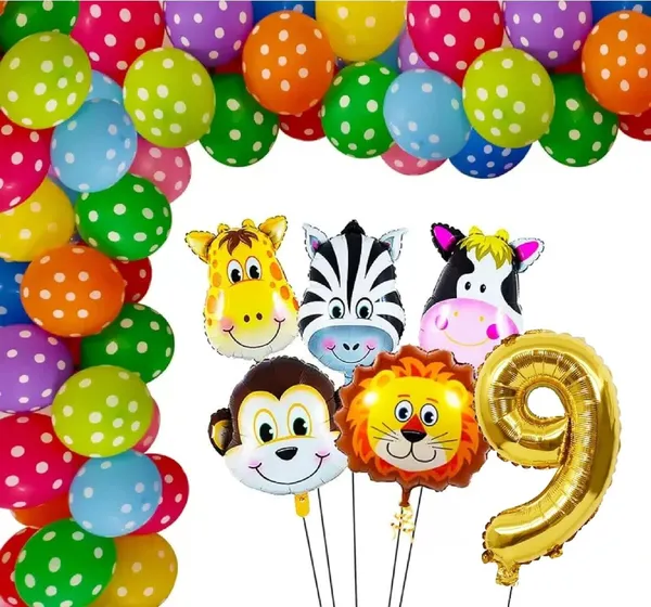 Multicolor_Jungle_Animal_Foil_Balloon_With_Polka_Print_Balloon_And_16_Inch_Number_9_Foil_Balloon_|_For_Birthday_Party_Decorations_(Pack_Of_35_Pcs)