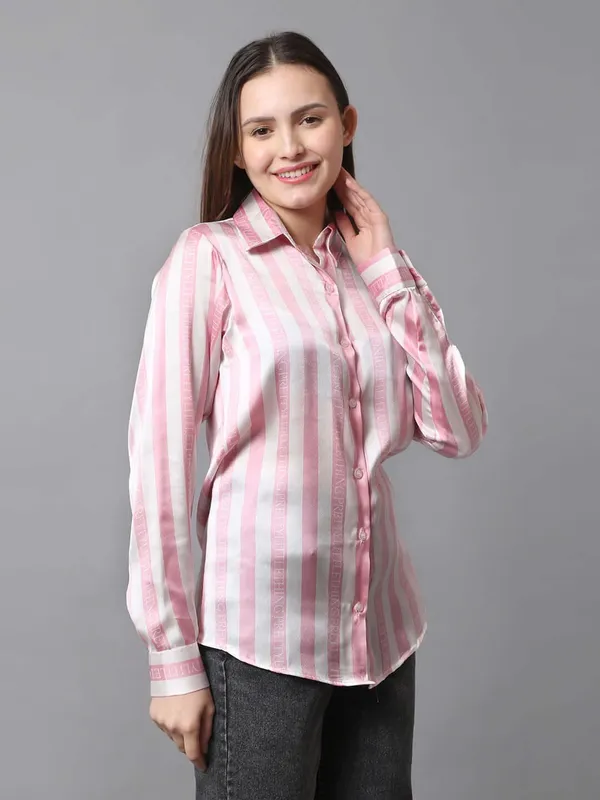 White_&_Pink_Striped_Printed_Regular_Fit_Solid_Shirt