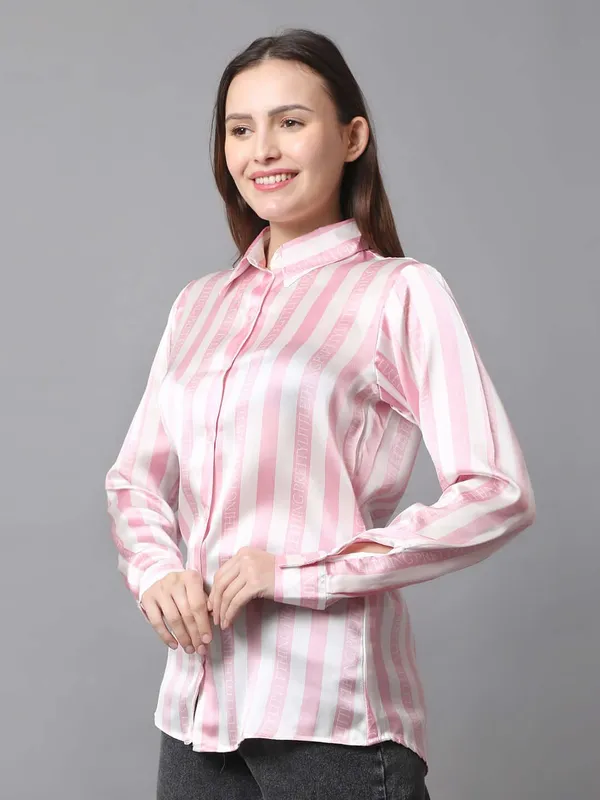 White_&_Pink_Striped_Printed_Regular_Fit_Solid_Shirt
