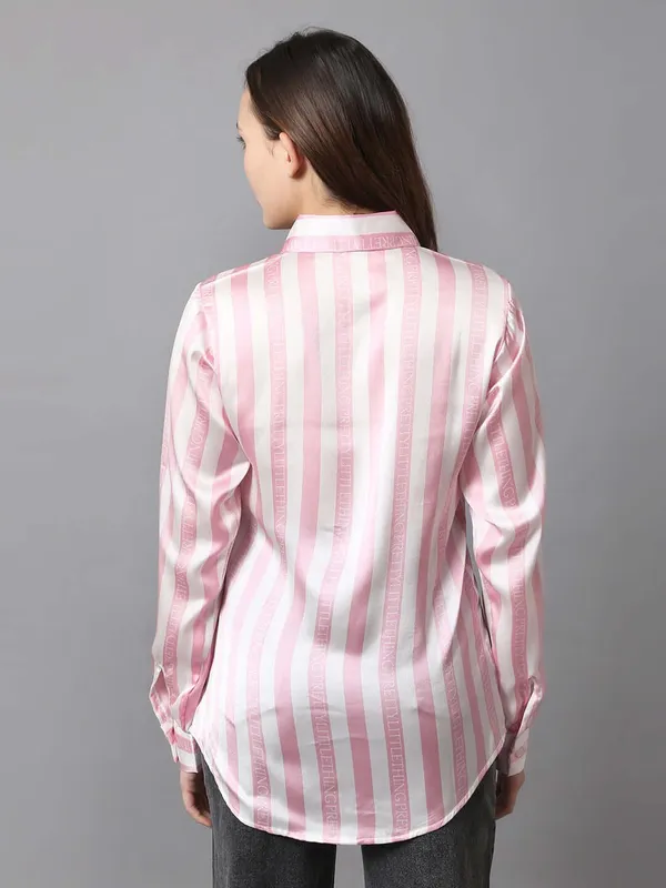 White_&_Pink_Striped_Printed_Regular_Fit_Solid_Shirt
