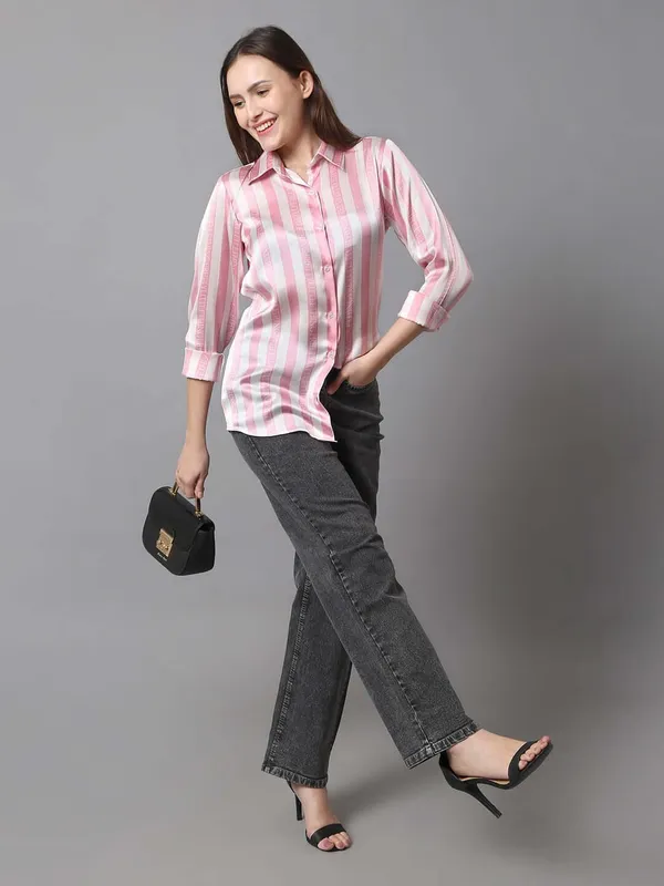 White_&_Pink_Striped_Printed_Regular_Fit_Solid_Shirt