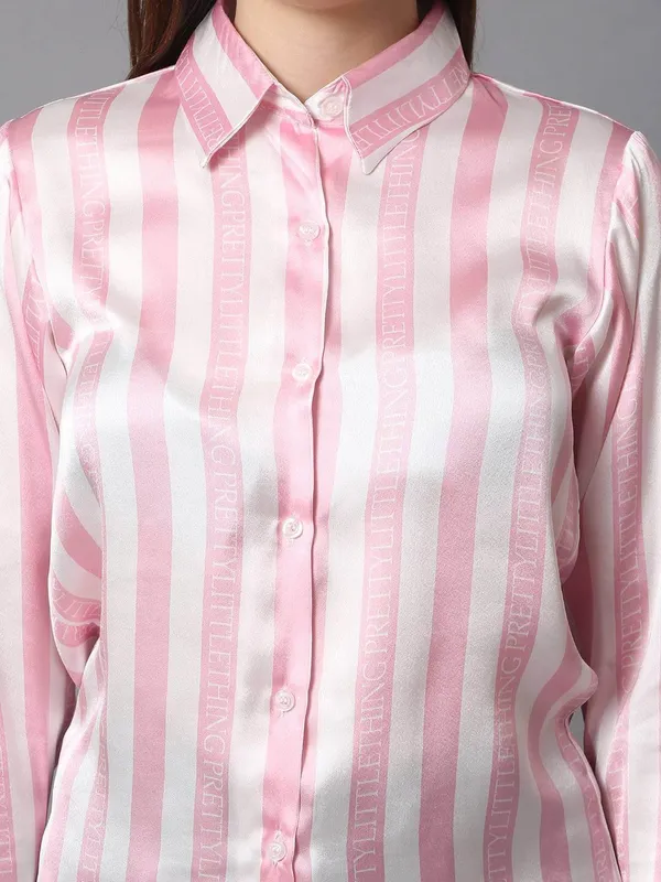 White_&_Pink_Striped_Printed_Regular_Fit_Solid_Shirt