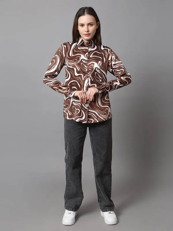 Brown_Printed_Satin_Regular_Fit_Solid_Shirt