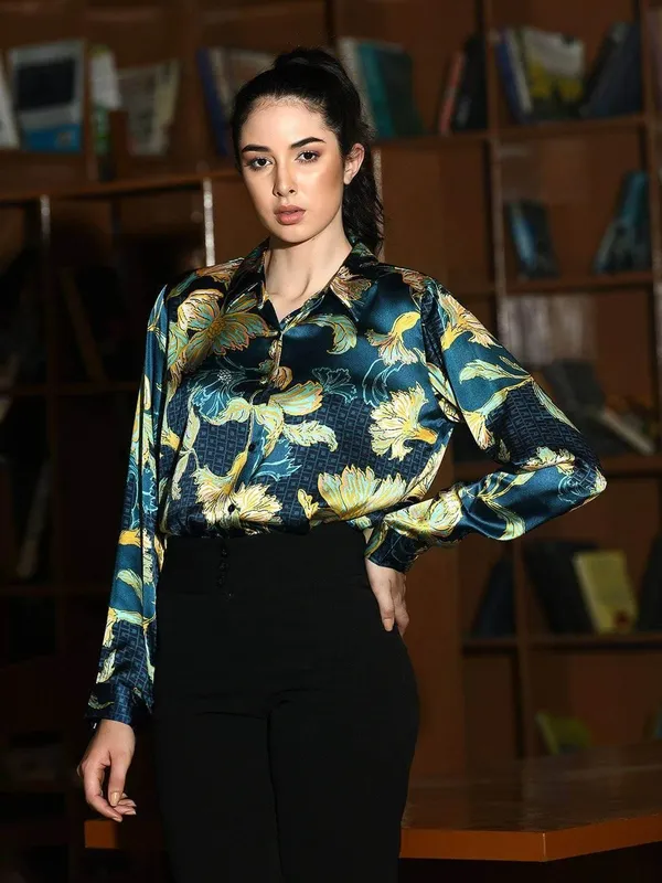 Teal_Blue_Floral_Printed_Satin_Regular_Fit_Solid_Shirt