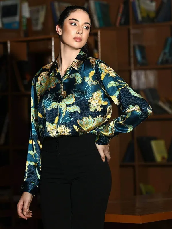 Teal_Blue_Floral_Printed_Satin_Regular_Fit_Solid_Shirt