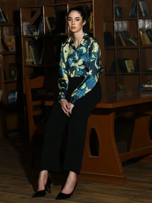 Teal_Blue_Floral_Printed_Satin_Regular_Fit_Solid_Shirt