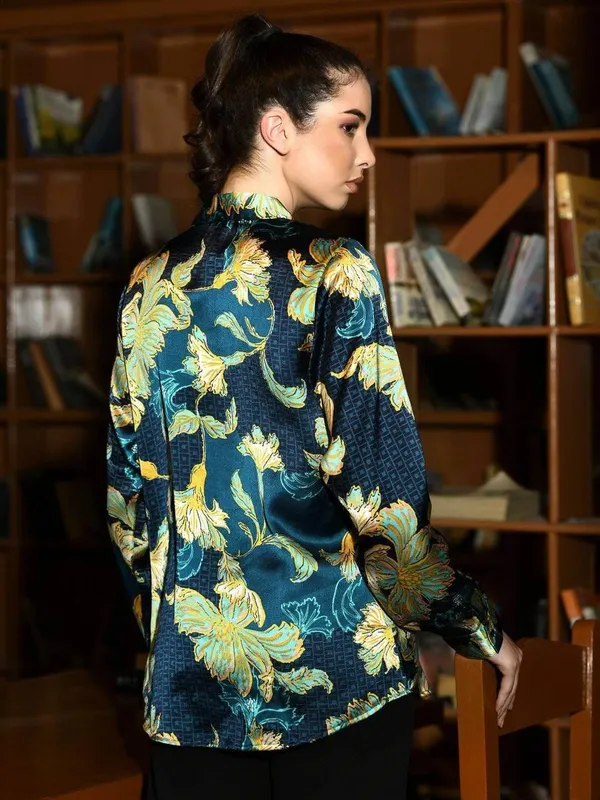 Teal_Blue_Floral_Printed_Satin_Regular_Fit_Solid_Shirt