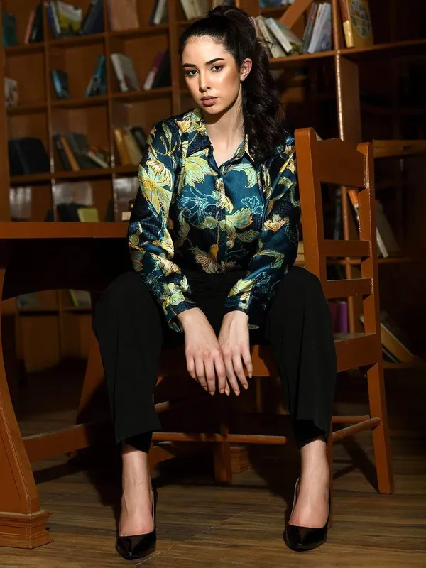 Teal_Blue_Floral_Printed_Satin_Regular_Fit_Solid_Shirt