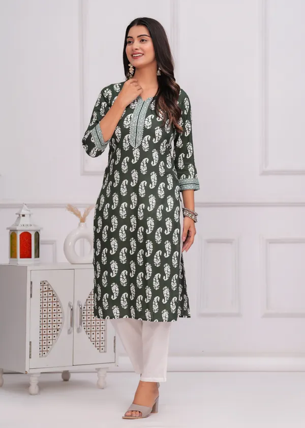 Dark_Green_Viscose_Rayon_Printed_Straight_Kurta_For_Women