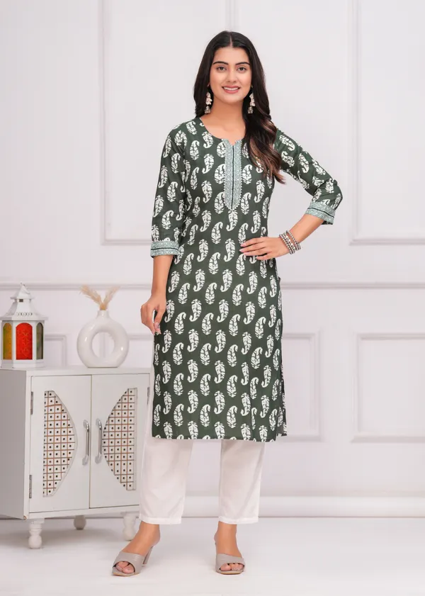 Dark_Green_Viscose_Rayon_Printed_Straight_Kurta_For_Women