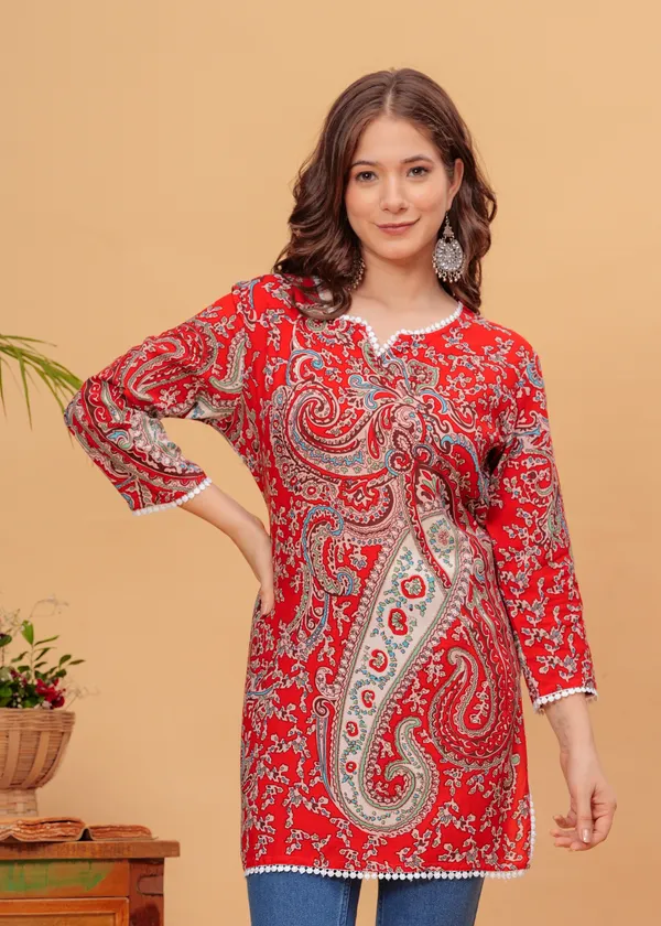 Red_Cotton_Rayon_Floral_Print_Straight_Kurta_For_Women