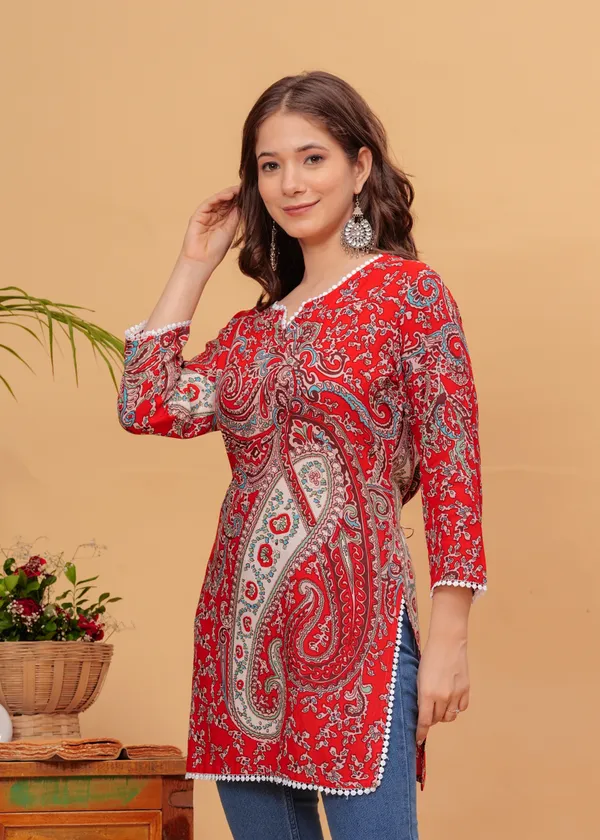 Red_Cotton_Rayon_Floral_Print_Straight_Kurta_For_Women