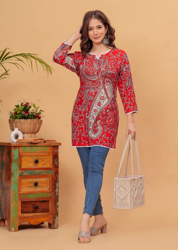 Red_Cotton_Rayon_Floral_Print_Straight_Kurta_For_Women