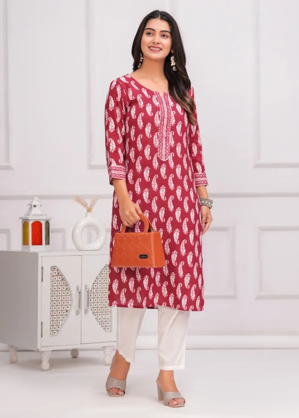 Red_&_White_Cotton_Rayon_Block_Printed_Straight_Kurta_For_Women