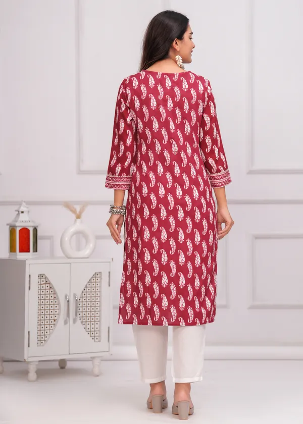 Red_&_White_Cotton_Rayon_Block_Printed_Straight_Kurta_For_Women