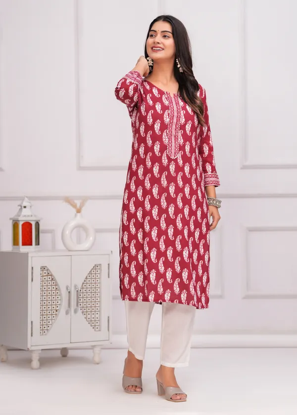Red_&_White_Cotton_Rayon_Block_Printed_Straight_Kurta_For_Women