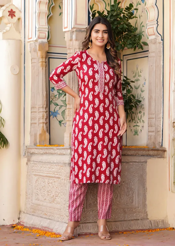 Maroon_Cotton_Rayon_Kurta_&_Pant_Set_For_Women