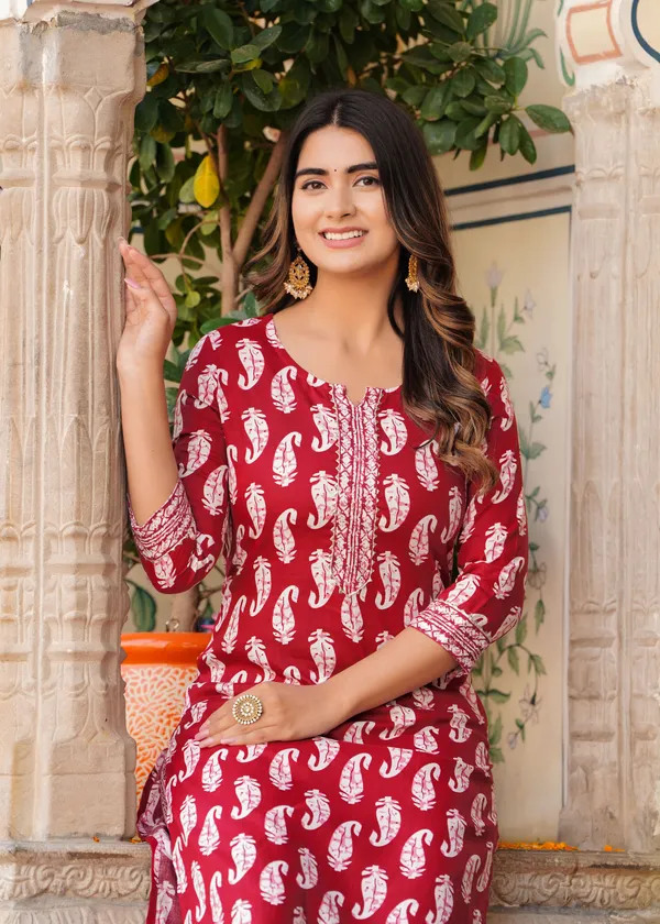 Maroon_Cotton_Rayon_Kurta_&_Pant_Set_For_Women