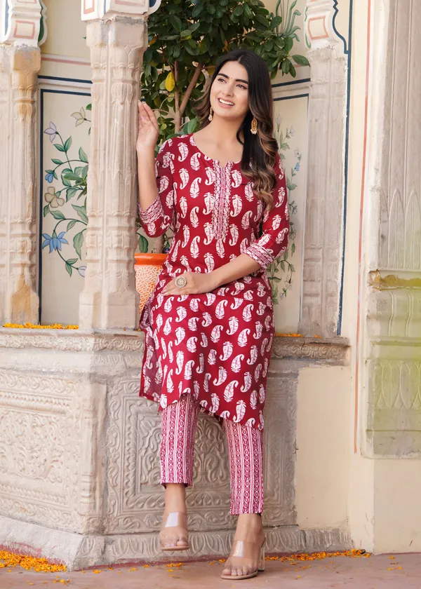 Maroon_Cotton_Rayon_Kurta_&_Pant_Set_For_Women