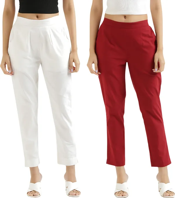 Maroon_&_White_Cotton_Regular_Fit_Trouser_For_Women_Combo_Set_(Pack_Of_2)