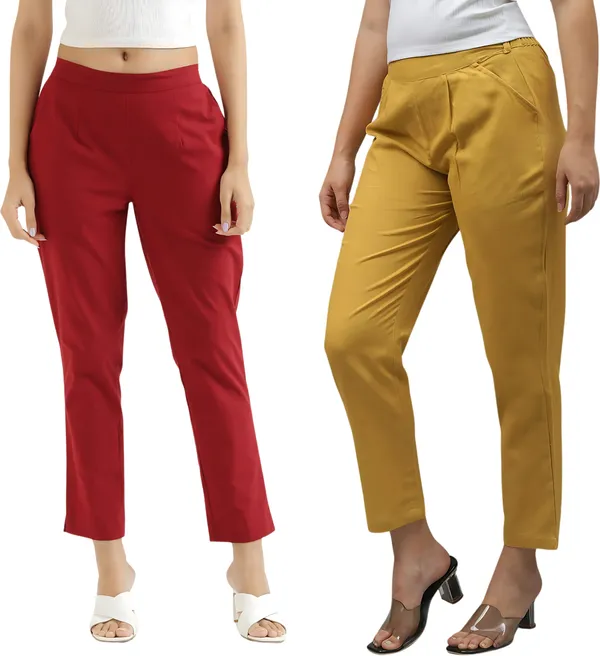 Yellow_&_Maroon_Cotton_Regular_Fit_Trouser_For_Women_Combo_Set_(Pack_Of_2)