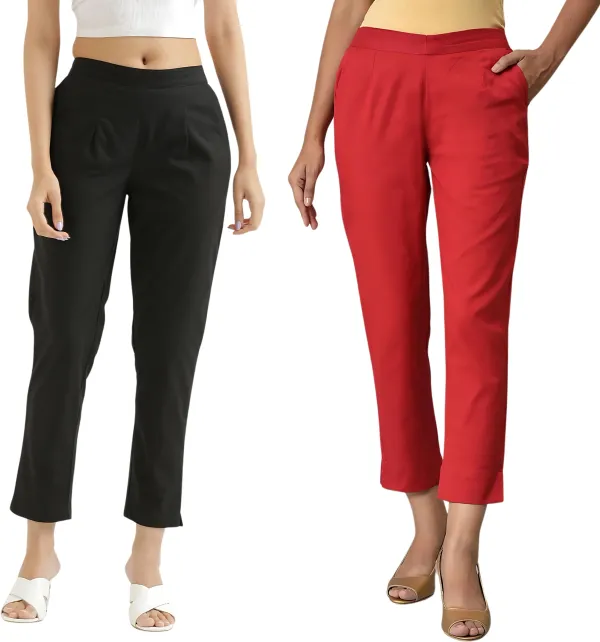 Red_&_Black_Cotton_Regular_Fit_Trouser_For_Women_Combo_Set_(Pack_Of_2)