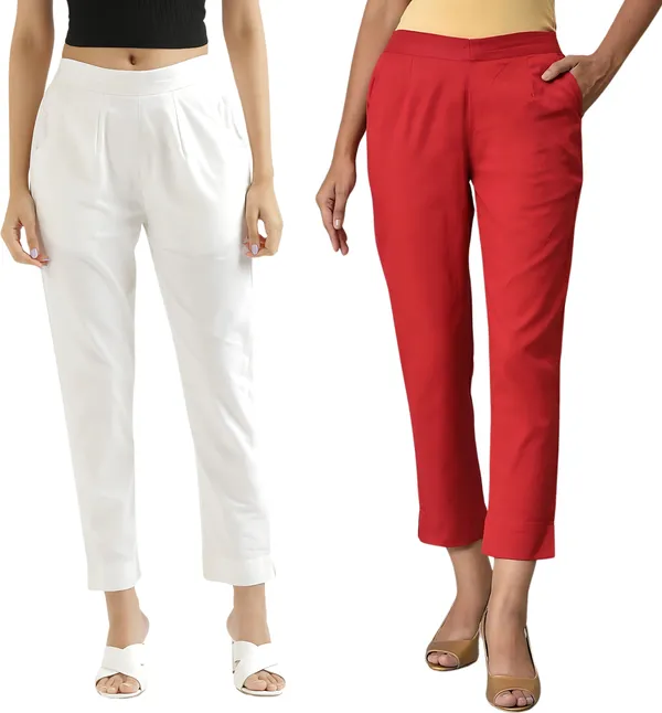 Red_&_White_Cotton_Regular_Fit_Trouser_For_Women_Combo_Set_(Pack_Of_2)