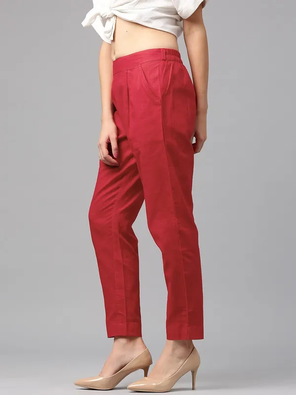 Red_&_White_Cotton_Regular_Fit_Trouser_For_Women_Combo_Set_(Pack_Of_2)