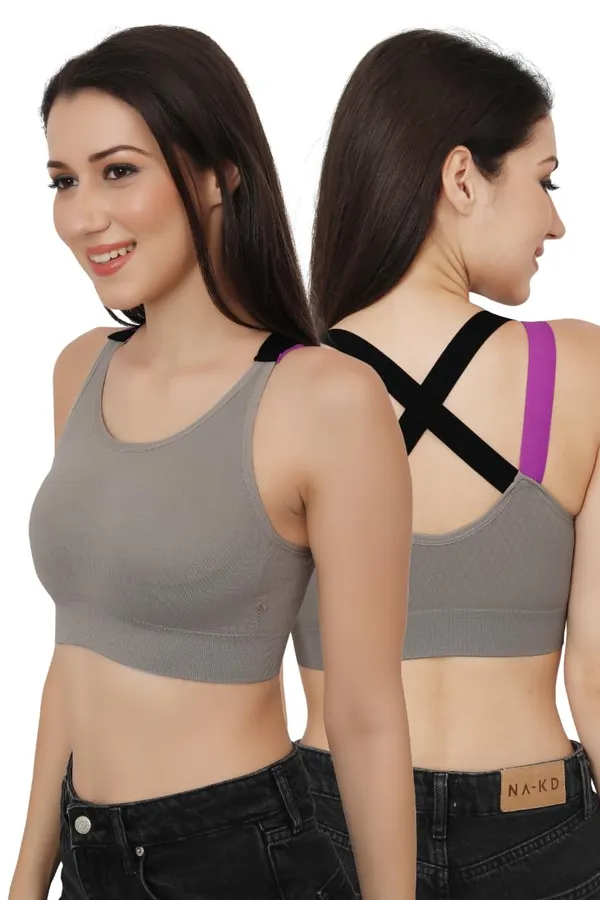 Grey+Purple_Dual_Tone_Padded_Full_Coverage_Quick_Dry_Shockproof_Racerback_Sports_Bra_With_Removable_Pads_Size_For_Women