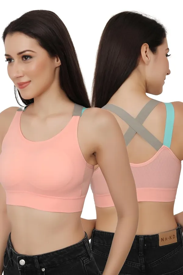 Peach+Blue_Dual_Tone_Padded_Full_Coverage_Quick_Dry_Shockproof_Racerback_Sports_Bra_With_Removable_Pads_Size_For_Women