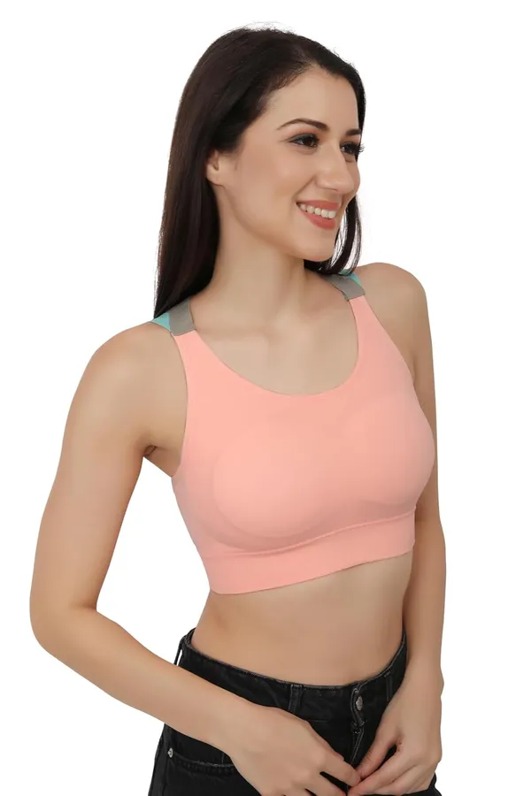 Peach+Blue_Dual_Tone_Padded_Full_Coverage_Quick_Dry_Shockproof_Racerback_Sports_Bra_With_Removable_Pads_Size_For_Women